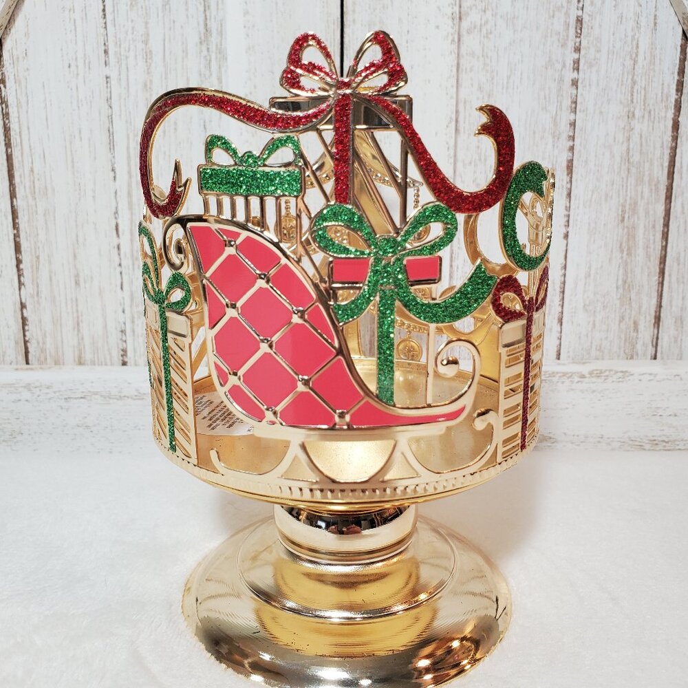 Bath & Body Works Christmas Tree Sleigh Pedestal 3-Wick Candle Holder Sleeve - Picture 7 of 7